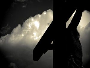 Jesus on the cross in black and white.