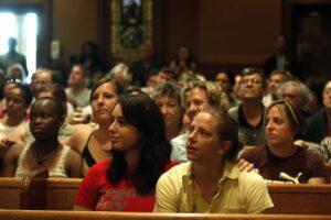 A crowd of people in a church.