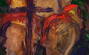 A painting of three people with a cross.