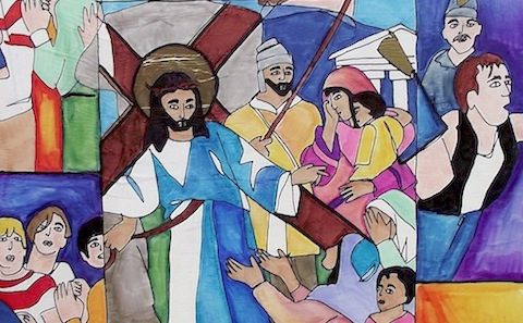 Watercolor depiction of Christ bearing the cross