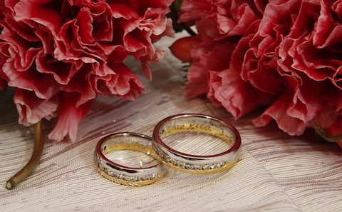 Two wedding rings on a table next to red flowers.