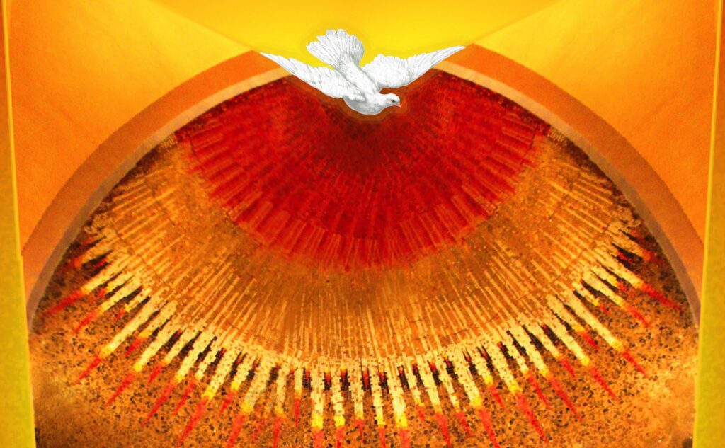 A painting of a dove flying over a golden dome.