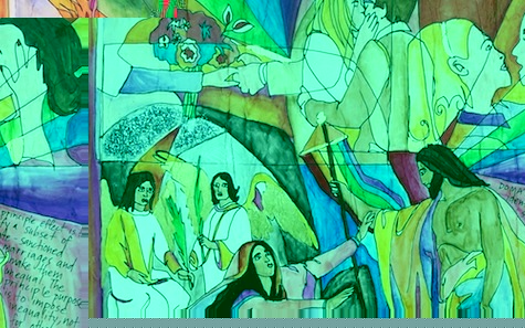 A watercolor painting of jesus and angels.