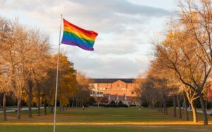 A rainbow flag flies in front of a building.