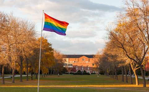 Rainbow pride flag on campus lawn at dusk