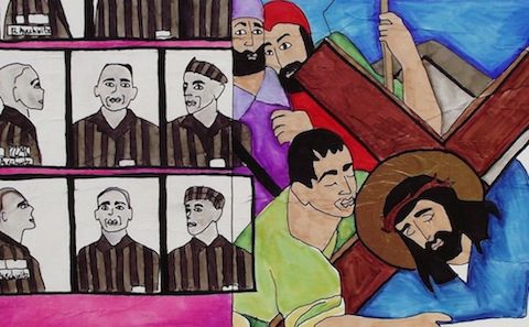 Colorful illustration of Christ carrying heavy cross