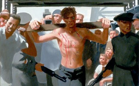 Shirtless man bearing a cross amid a crowd
