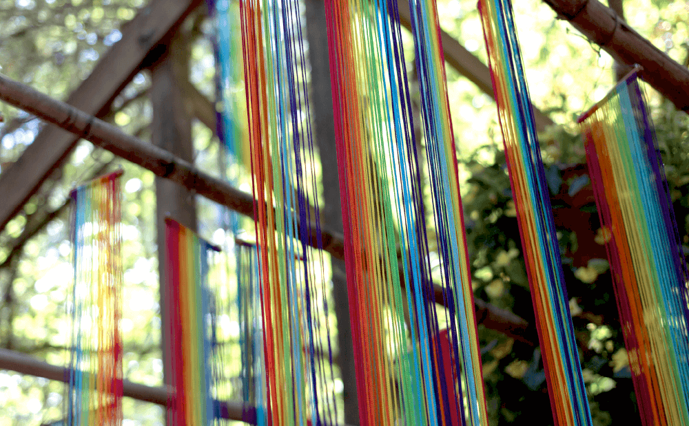 A rainbow colored string hanging from a tree.