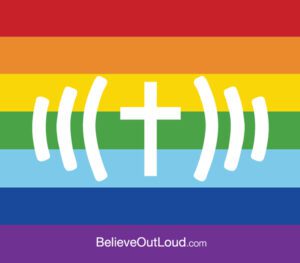 A rainbow flag with the word believeout and a cross.