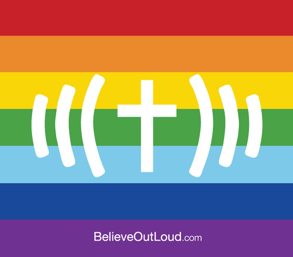 A rainbow flag with the word believeout and a cross.