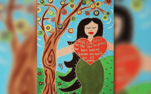 A painting of a mermaid holding a heart.